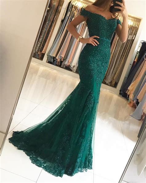 Dark Green Lace Prom Dresses Off The Shoulder Evening Gowns Emerald Green Prom Dress Mermaid