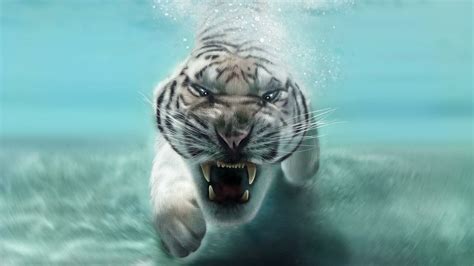 White Tiger Swimming Under Water