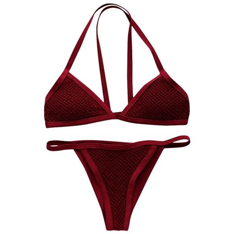 Sexy Crochet Bikini Set Triangle High Elasticity Women Red Wine Color