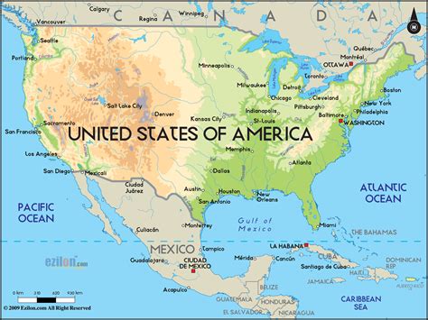 Large Physical Map Of The United States With Major Cities Usa United