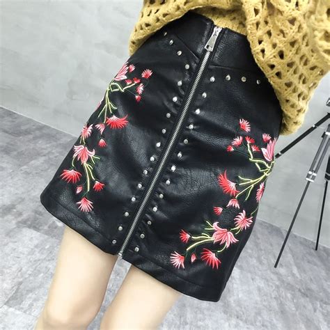 2019 Embroidered Rivet Leather Skirt Embroidered Pu Leather Skirt A Word Bag Hip Skirt In Skirts
