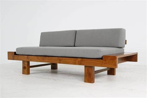 German Unique Solid Balinese Teak Wood 1970s Daybed Sofa With New Grey