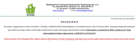 Zmiana stawki za wodę oraz odprowadzanie ścieków od 01 11 2022 MTBS