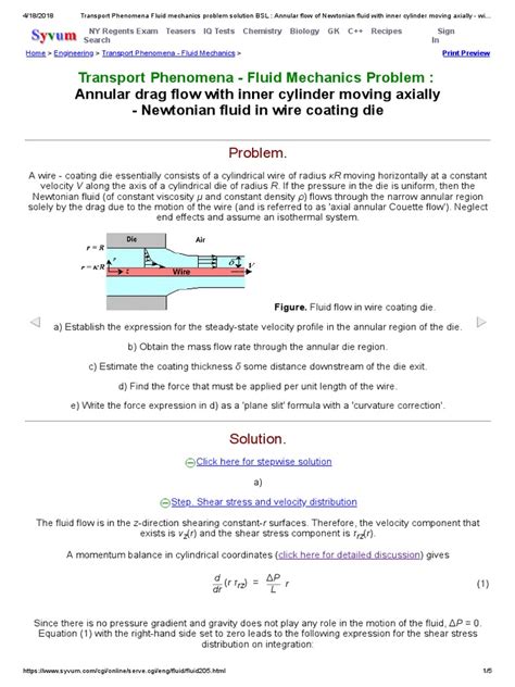 Transport Phenomena Fluid Mechanics Problem Solution BSL