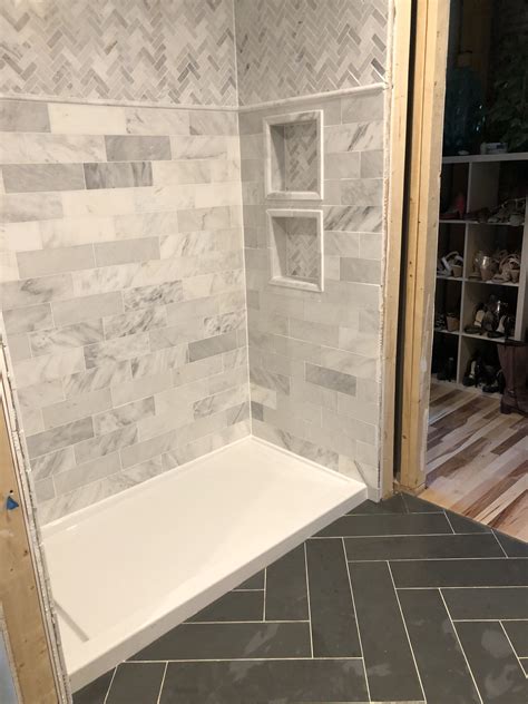 Bathroom Progress 6x24 Herringbone Slate Floor Tile 4x12 Marble