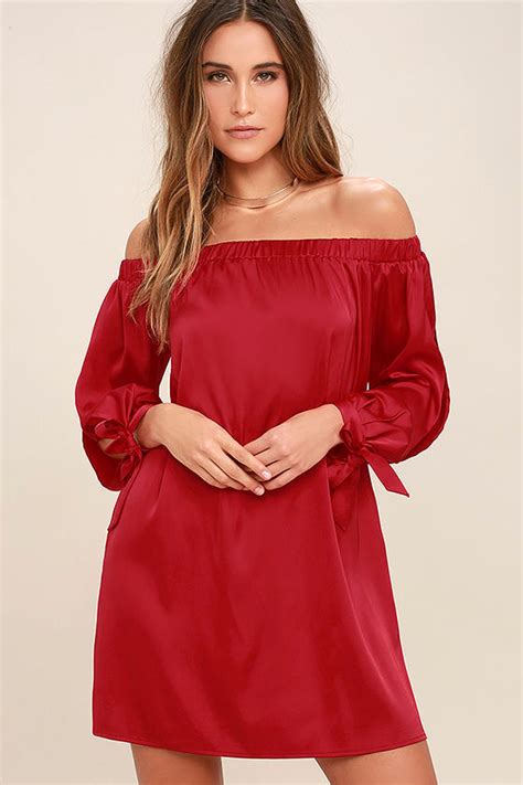 Cute Red Dress Satin Dress Off The Shoulder Dress 3900 Lulus