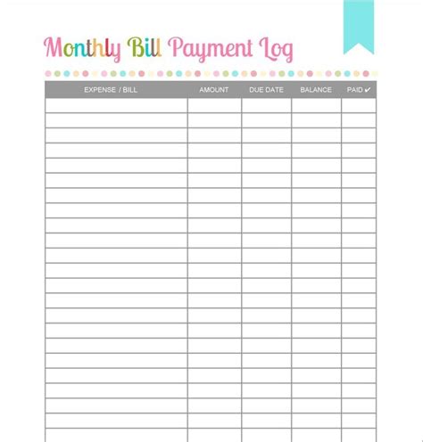 Free Printable Monthly Bill Payment Log Template Business Psd Excel