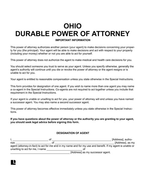 Free Ohio Durable Statutory Power Of Attorney Form Pdf And Word