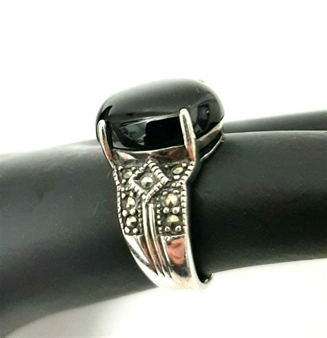 Vintage Avon Rj Sterling Silver Ring Sz 8 Black Onyx Marcasite 925