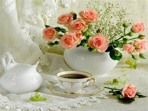 Tea Time With Roses Still Life Flowers Roses Tea Time Hd Wallpaper