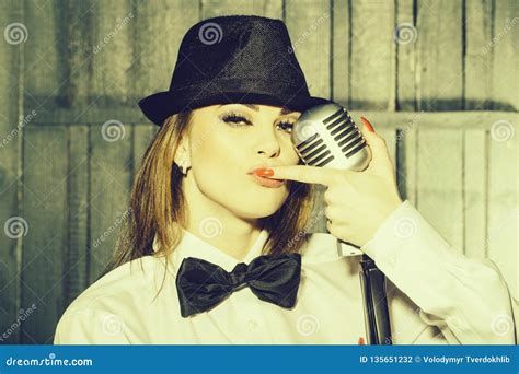 Retro Woman Singing Into Microphone Stock Photo Image Of Woman Girl