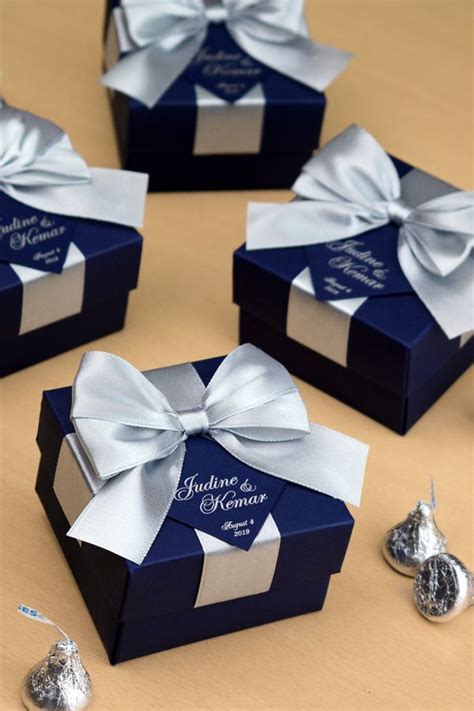 30 Navy Blue And Silver Wedding Favor T Box With Satin Ribbon Etsy