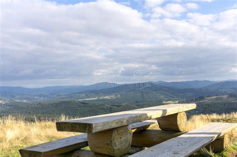 Wooden Bench And Mountain Landscape In Background Stock Image Image