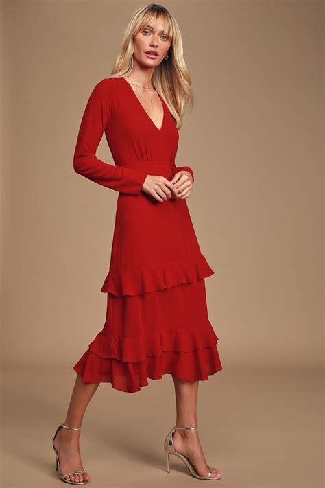 Lovely Red Dress Ruffled Midi Dress Long Sleeve Dress Lulus