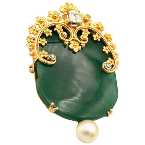 Green Semi Precious Gemstone Diamonds And Pearl Brooch Pin Upper Luxury