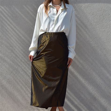 Vintage Y K Shiny Olive Maxi Skirt M Vesture Online Vintage Shop