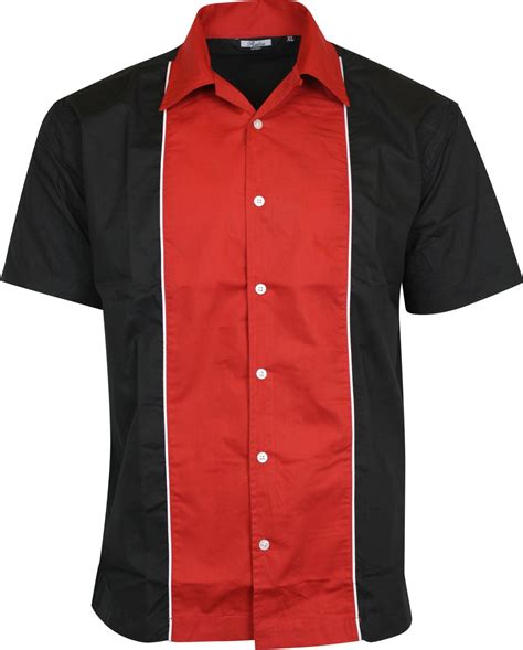 Relco Mens Red And Black Bowling Shirt Rockabilly Retro 50s Club Swing Lounge