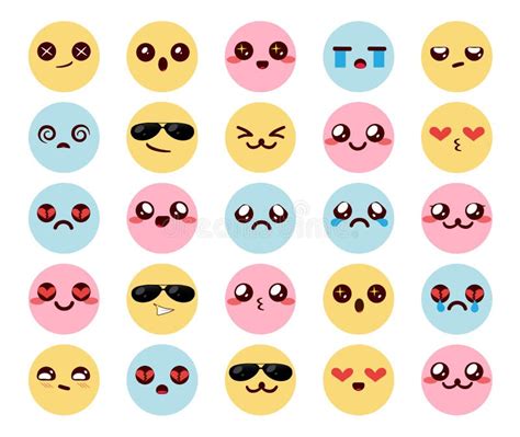 Conjunto De Vectores De Emoticonos Coloridos Kawaii Smileys Chibi