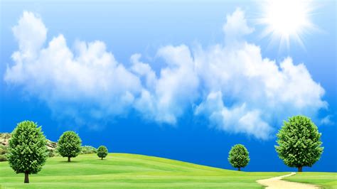 Trees Sky Clouds Sun Grass Field Road Coolwallpapersme