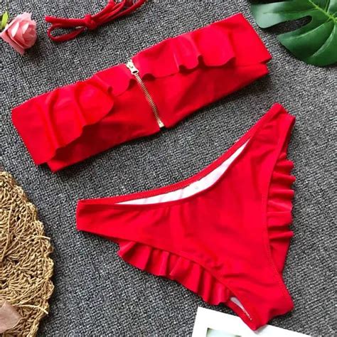 2018 New Sexy Bandeau Red Black Ruffle Trim Zipper Bikini Two Pieces