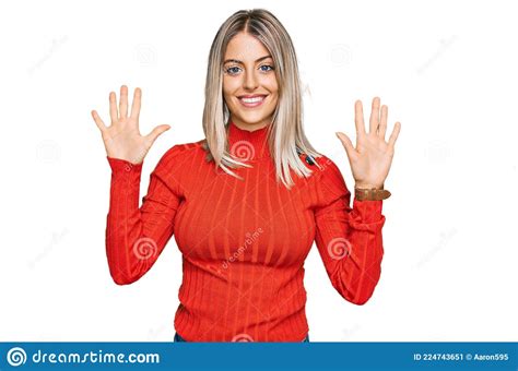 Beautiful Blonde Woman Wearing Casual Clothes Showing And Pointing Up With Fingers Number Ten