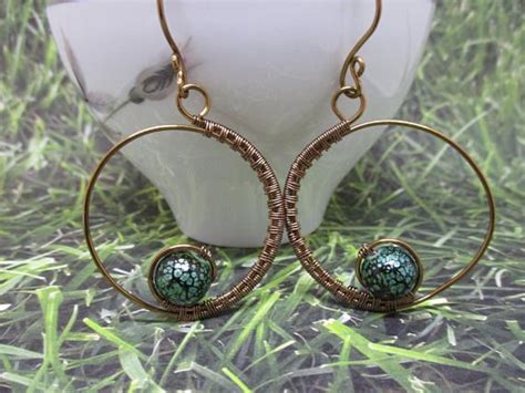Antique Brass Wire Wrapped Earrings With Green Glass Beads Etsy