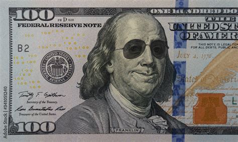 Happy Smiling President Franklin Portrait Wearing Sunglasses On 100