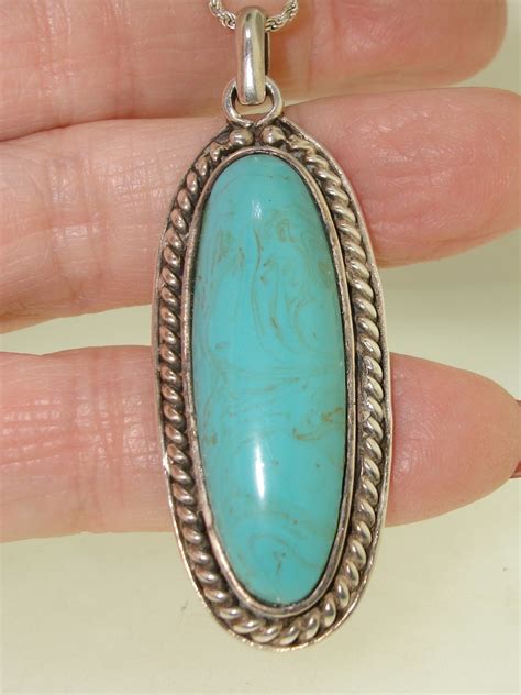 Heavy Sterling Silver Polished Turquoise Pendant Necklace Federal