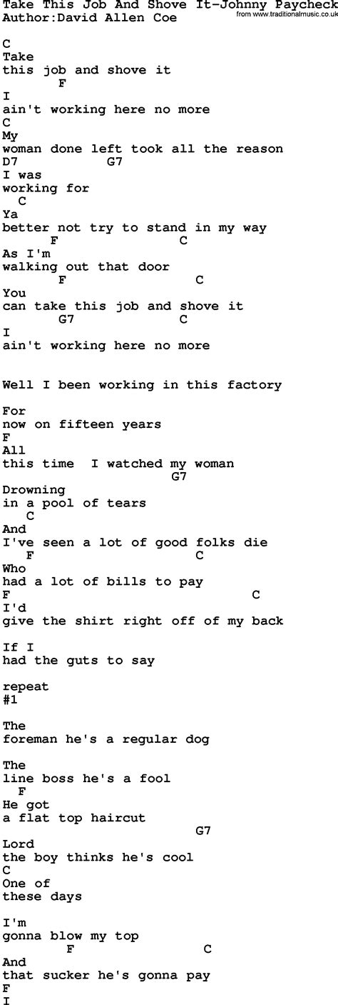 Country Music:Take This Job And Shove It-Johnny Paycheck Lyrics and Chords