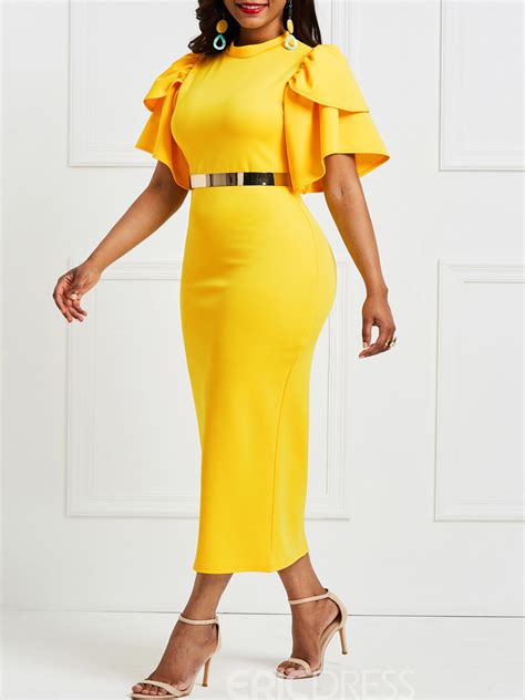 ericdress yellow ruffle sleeve patchwork bodycon dress without waistband long bodycon dress