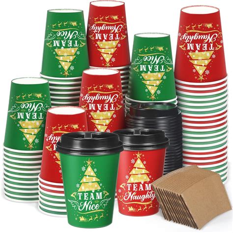 Amazon Com Layhit Set Christmas Paper Coffee Cups With Sleeves Lids Oz Xmas Disposable