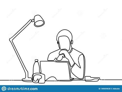 One Line Drawing Of Man Working With Laptop Computer Behind Desk Young