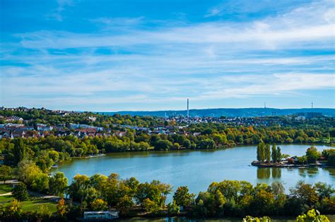 Germany Stuttgart Aerial Panorama View Above Max Eyth See Lake Water