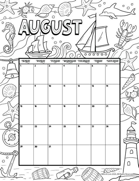 August 2021 Printable Calendar Page Woo Jr Kids Activities