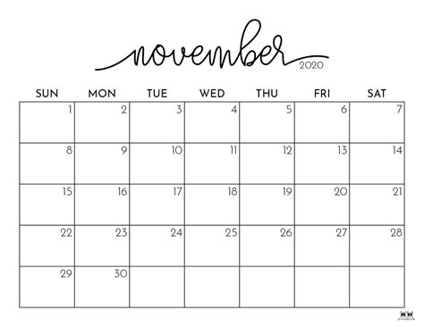 Free Printable November 2020 Calendars Printabulls