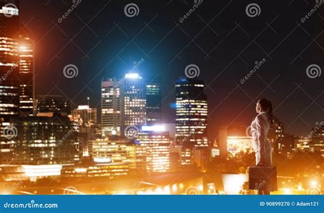 Woman Looking At Night City Stock Photo Image Of Briefcase Business