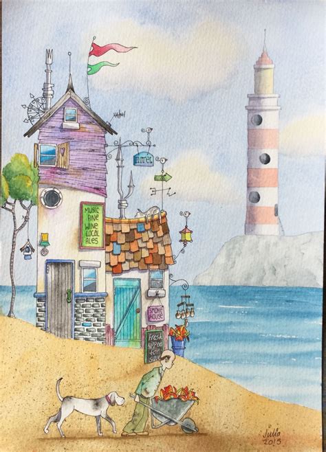 Watercolour Beach Hut Seaside Art Happy Paintings Whimsical Art