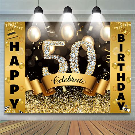 Gold Bokeh Glitter Celebrate Happy 50th Birthday Backdrop Lofaris