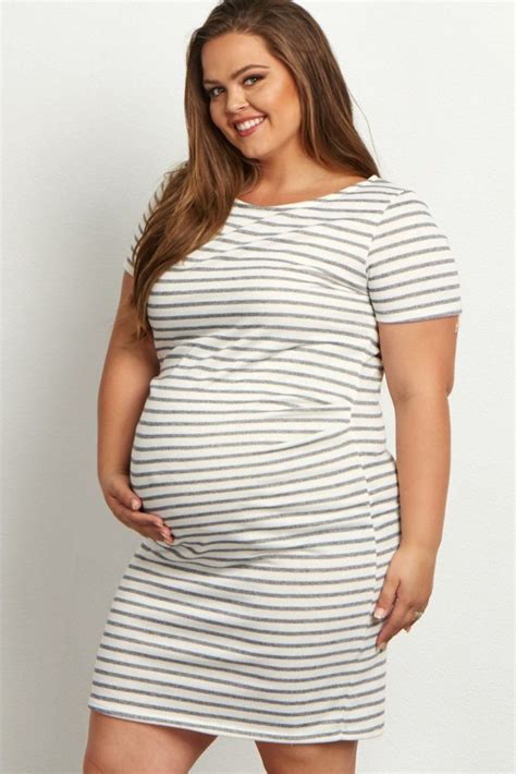 grey striped fitted maternity dress