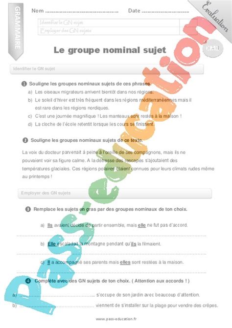 Groupe Nominal Cm Cycle Exercice Valuation R Vision Le On