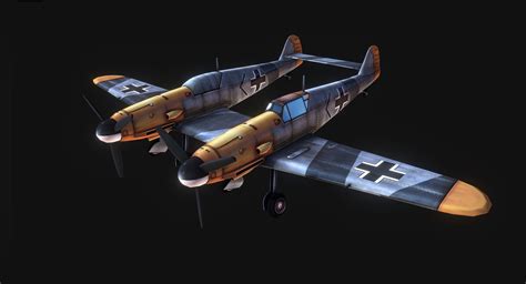 Konstrukcja dolnopłat o konstrukcji metalowej, kabina zakryta, podwozie chowane w locie Messerschmitt Bf 109 zwilling 3D asset | CGTrader
