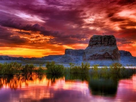 Arizona Sunset Scenery Lake Rocky Mountains Orange Clouds