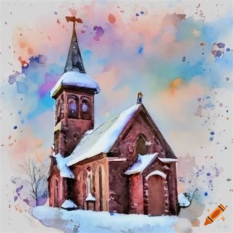 Watercolor Of A Christmas Scene With Church Angel And Christmas Tree