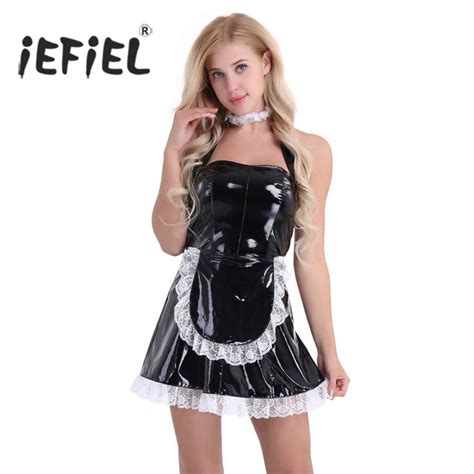 Iefiel 3pcs Women Wet Look Patent Leather Maid Dress Cosplay Costumes Maidservant Outfits Halter
