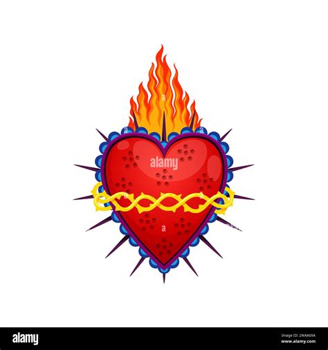 Mexican sacred heart tattoo and symbol. Isolated cartoon vector flaming