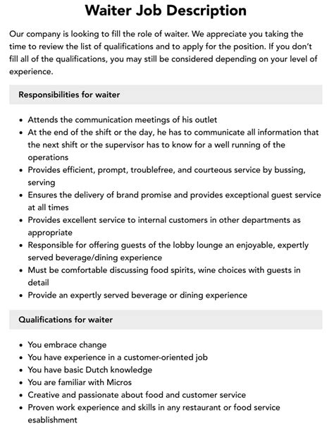 Waiter Job Description Velvet Jobs