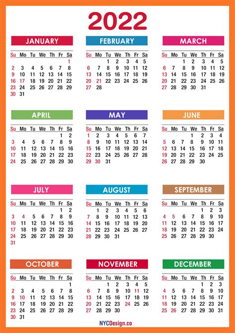 2022 Calendar Printable Free Pdf Colorful Sunday Start Nycdesign