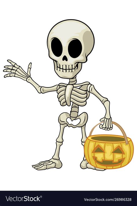 Skeleton Cartoon Mascot Hold Halloween Pumpkin Vector Image