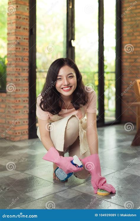 Housework And Housekeeping Concept Woman Cleaning Floor With Mo Stock Image Image Of Asian