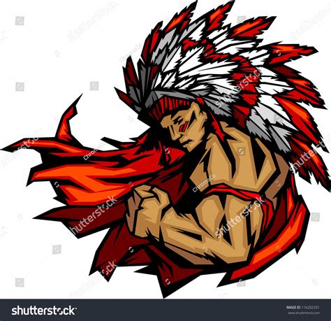 Graphic Native American Indian Chief Mascot With Headdress Flexing Arm Stock Vector Illustration